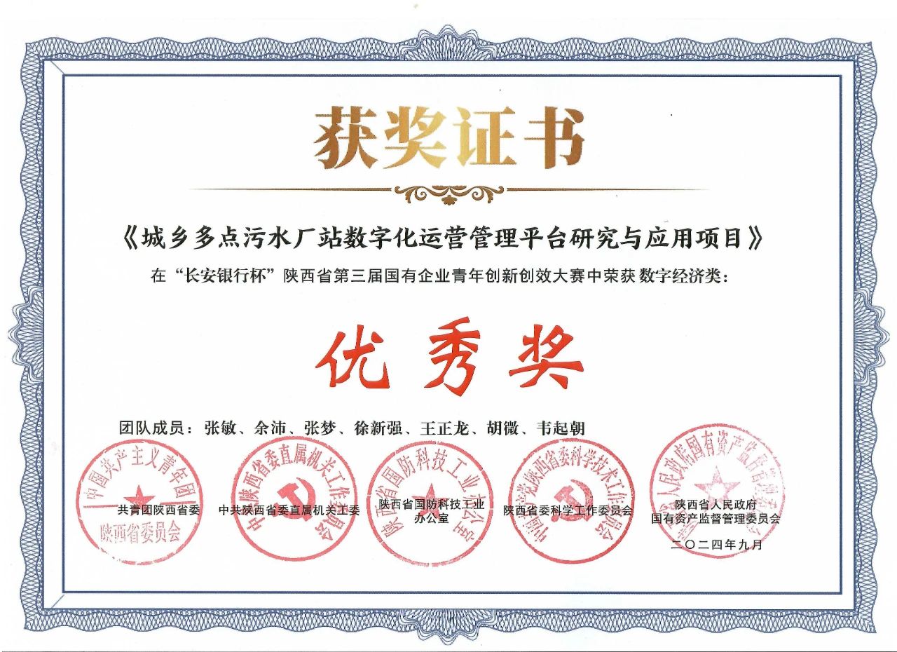 水环境公司一项目荣获陕西省第三届国有企业青年创新创效大赛“优秀奖”