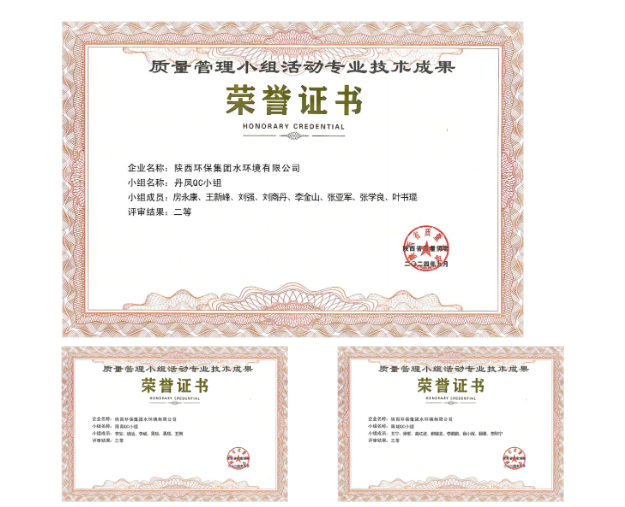 水环境公司3项QC小组成果荣获陕西省优秀质量管理小组技术成果